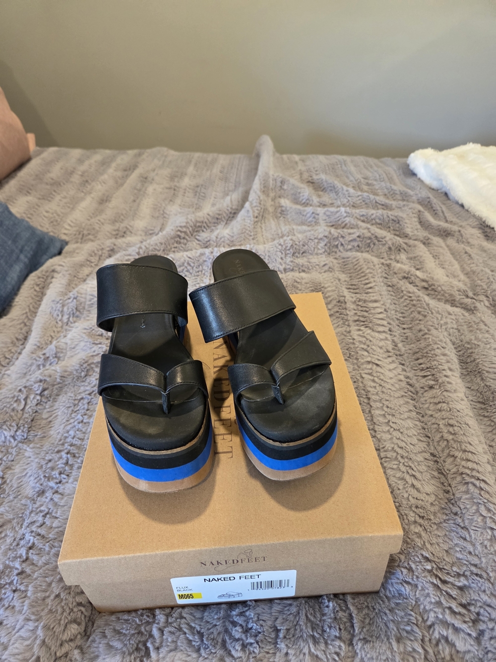 Naked Feet Black Platform Sandals with Blue Stripe
